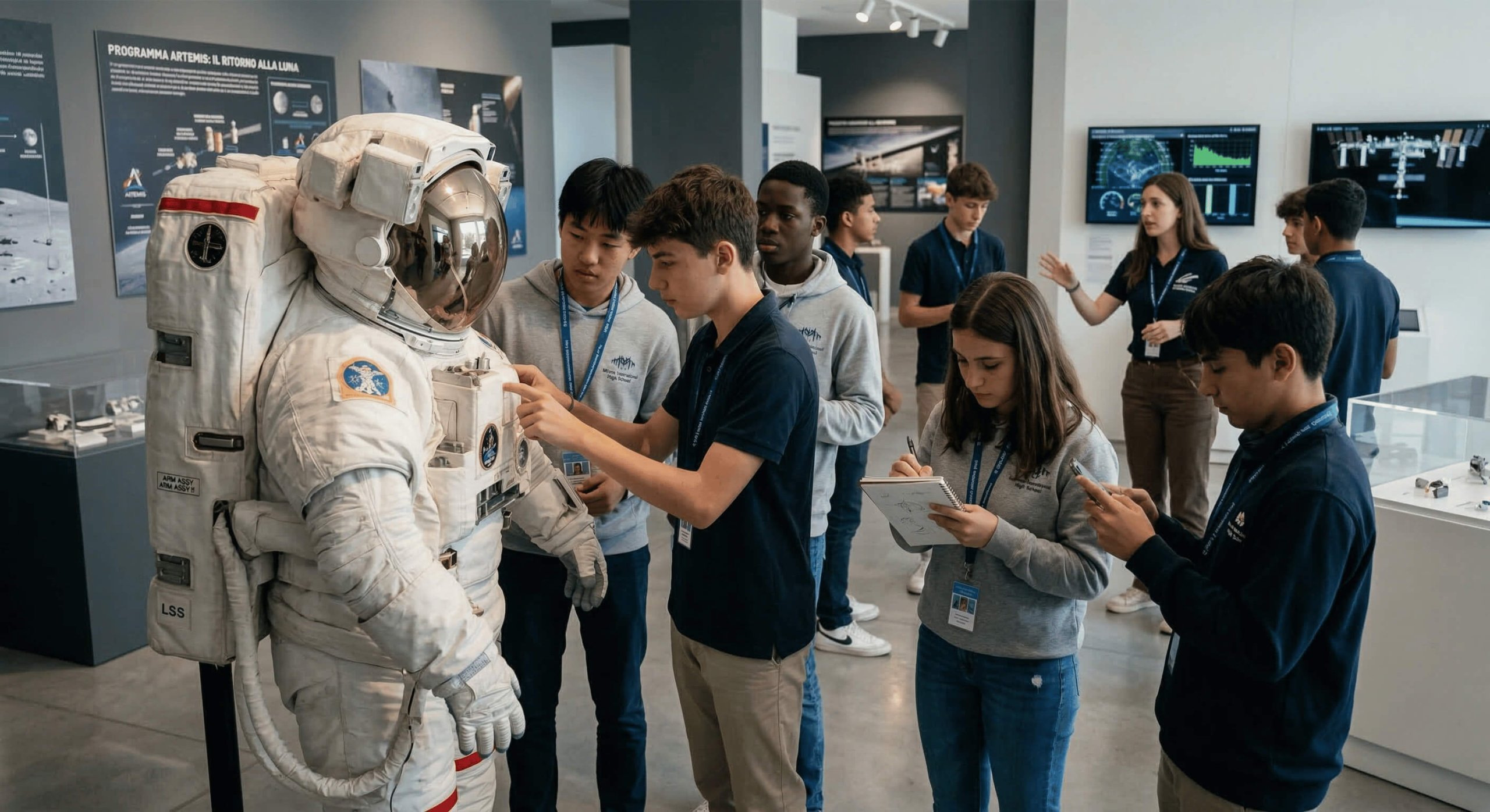Estudantes em atividade prática com traje de astronauta durante o programa