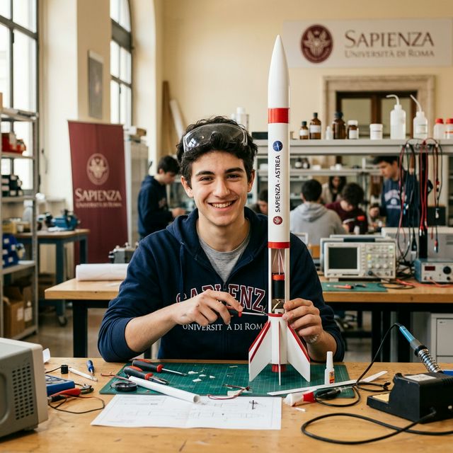 Estudante construindo foguete na Sapienza University of Rome